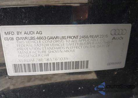 2008 Audi A4 2.0T/2.0T Special Edition z USA, uszkodzony, nr VIN WAUAF78E18A161035